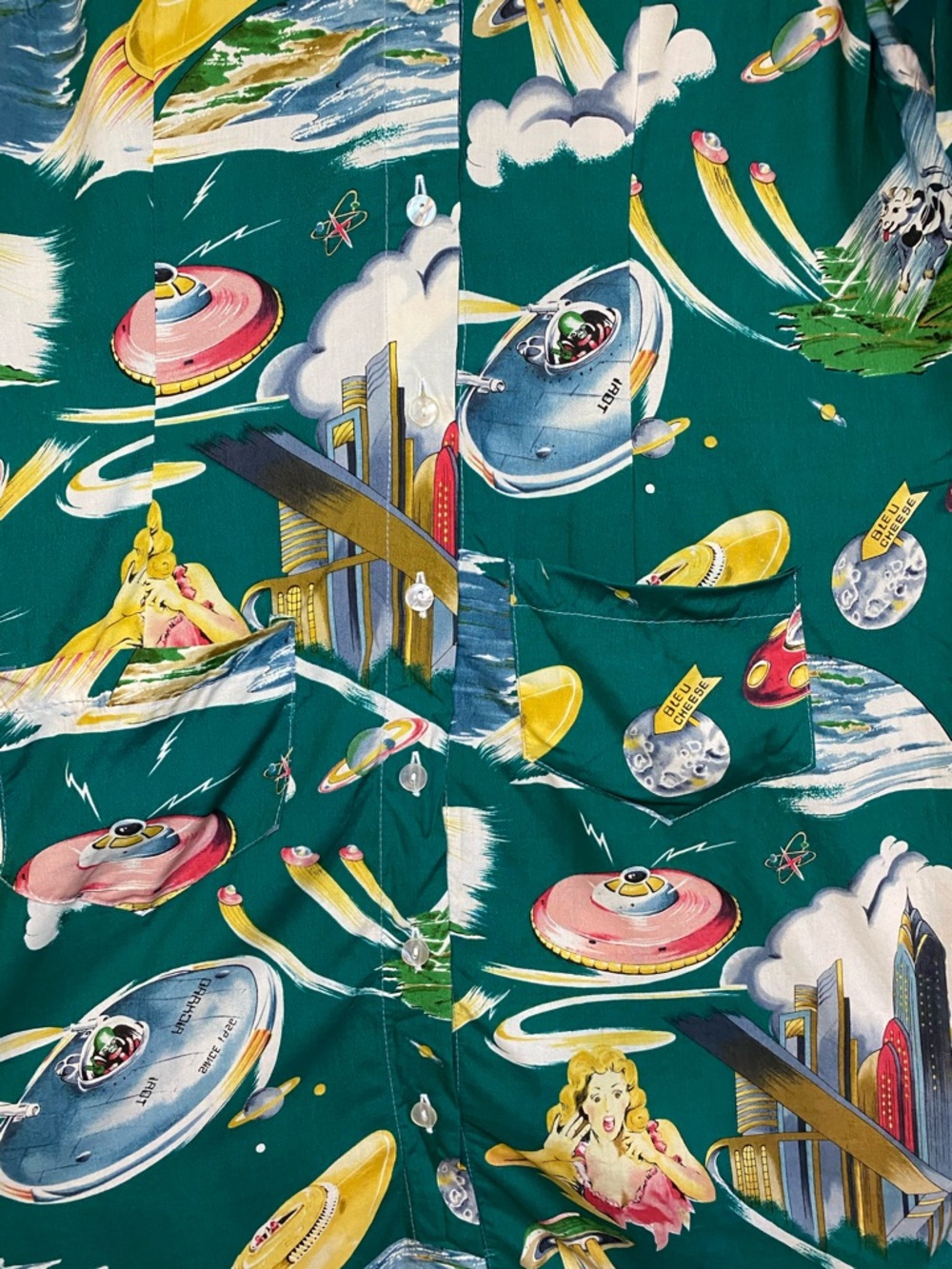 Clothes Gone Wild 100% Cotton Large Alien Hawaiian UFO Shirt Dress Button Vtg - Picture 4 of 7